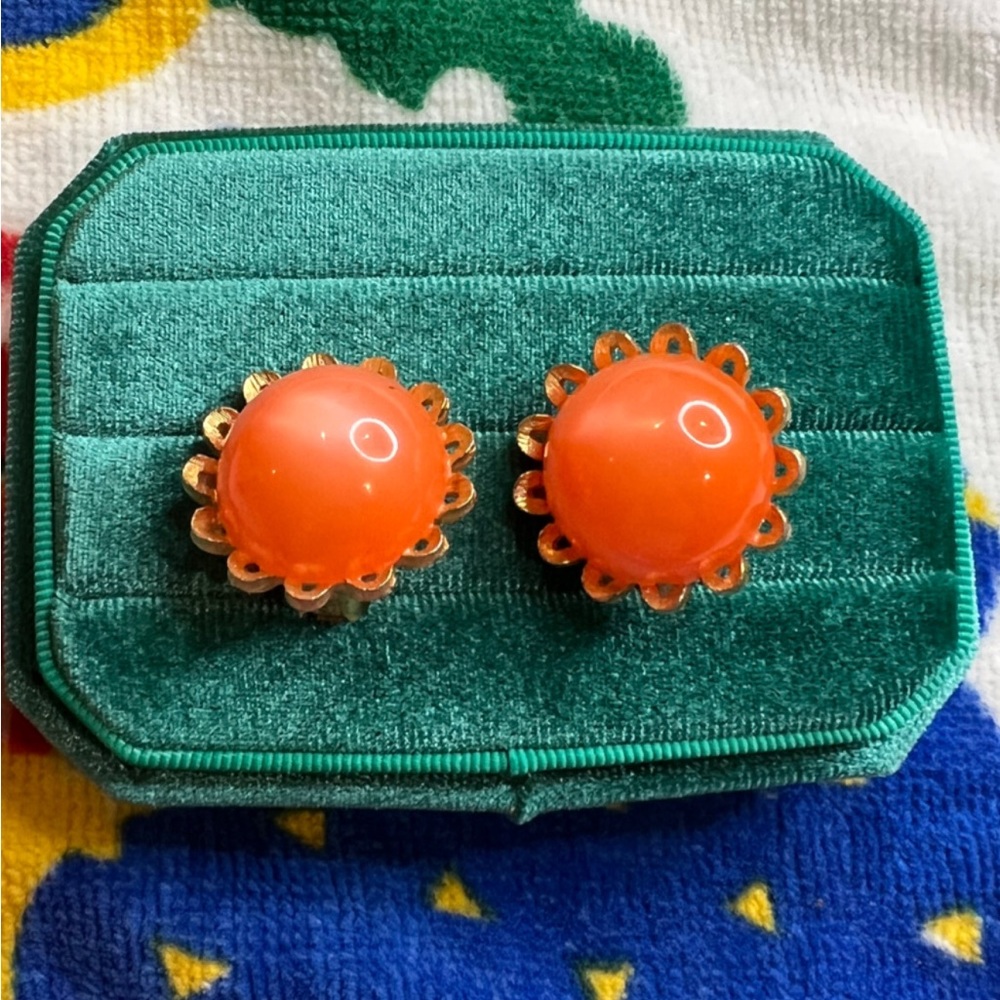 Vintage Orange Moonglow Clip on Earrings, marked STAR